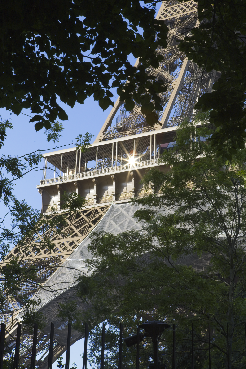 A striking, low-angle view of the Eiffel Tower lattice structure, partially framed by dark, leafy foliage. The scene is set against a clear blue sky, and sunlight shines through the tower's architecture, creating a visible lens flare effect.